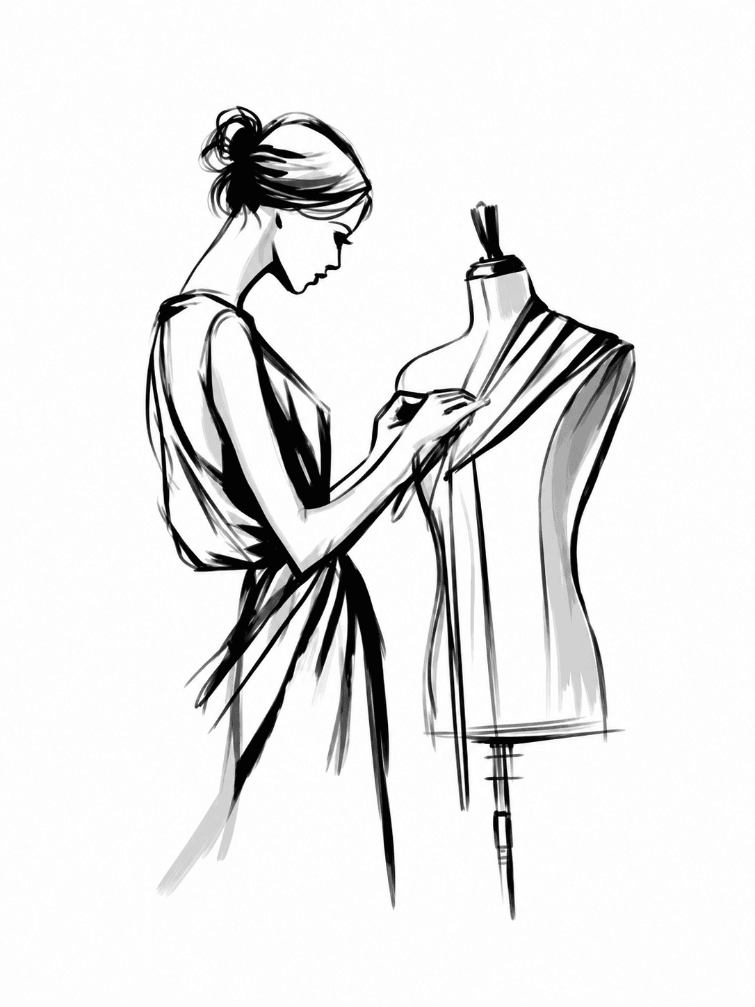Ink illustration of a woman carefully shaping fabric on a dress form